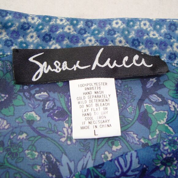 Susan Lucci Boho Blue Floral Chiffon 1/4 Button Front Long Sleeve Blouse Size L - Picture 2 of 11